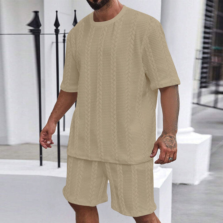Herren nan entspanntes Zopfstrick-Freizeitset mit weitem Kurzarmshirt und elastischer Bermuda Drune