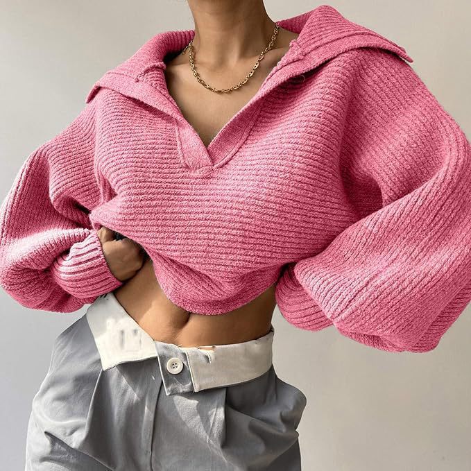 Damen kurzes geripptes Strickpullover mit weitem Matrosenkragen und Ballonärmeln Drune