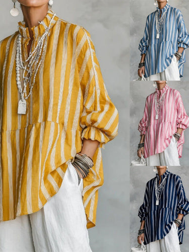 Damen Gestreifte Oversize-Tunika mit Stehkragen und Ballonärmeln Drune