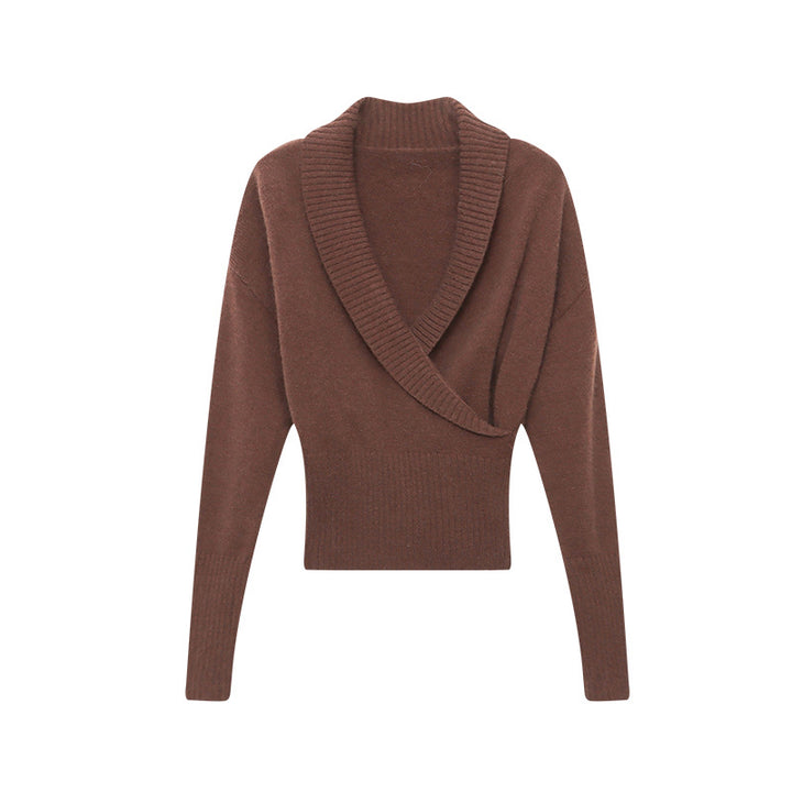 Damen eleganter Wickelpullover mit breitem Rippbund Drune