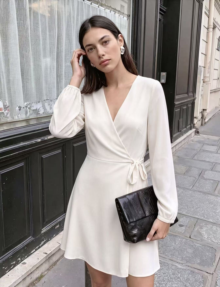 Damen Elegantes Wickel-Minikleid mit tiefem V-Ausschnitt und langen Ärmeln Drune