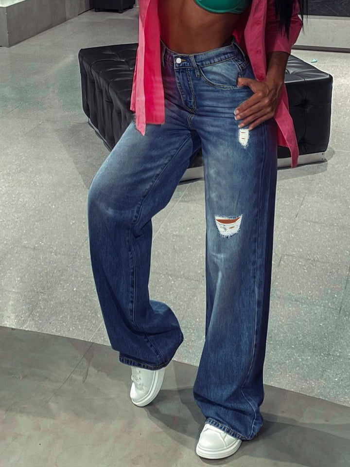 Damen Weite High-Waist Denim-Jeans im Wide‑Leg-Look mit gezielten Destroyed-Details Drune