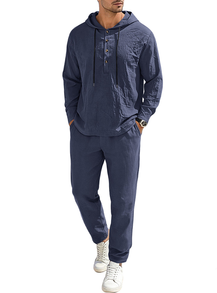 Herren nan entspannter Kapuzen-Henley Freizeitanzug aus leichter Baumwollmischung in Leinenoptik mit Kordelzug und elastischer Bundhose Drune