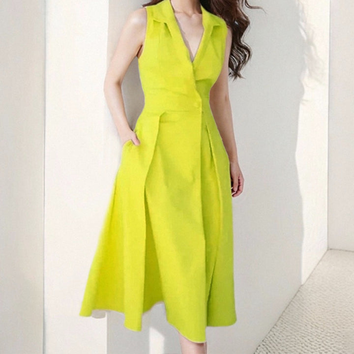 Damen Elegant geschnittenes Midi-Kleid mit tiefem V-Ausschnitt und praktischen Taschen Drune