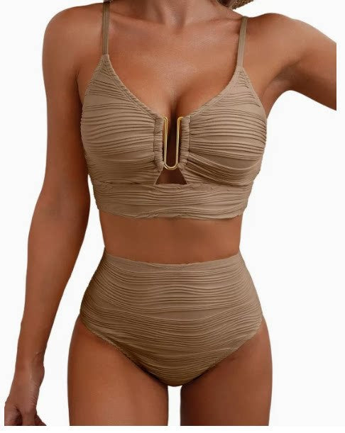 Damen hochgeschnittener Bikini mit gerafftem Oberteil Drune