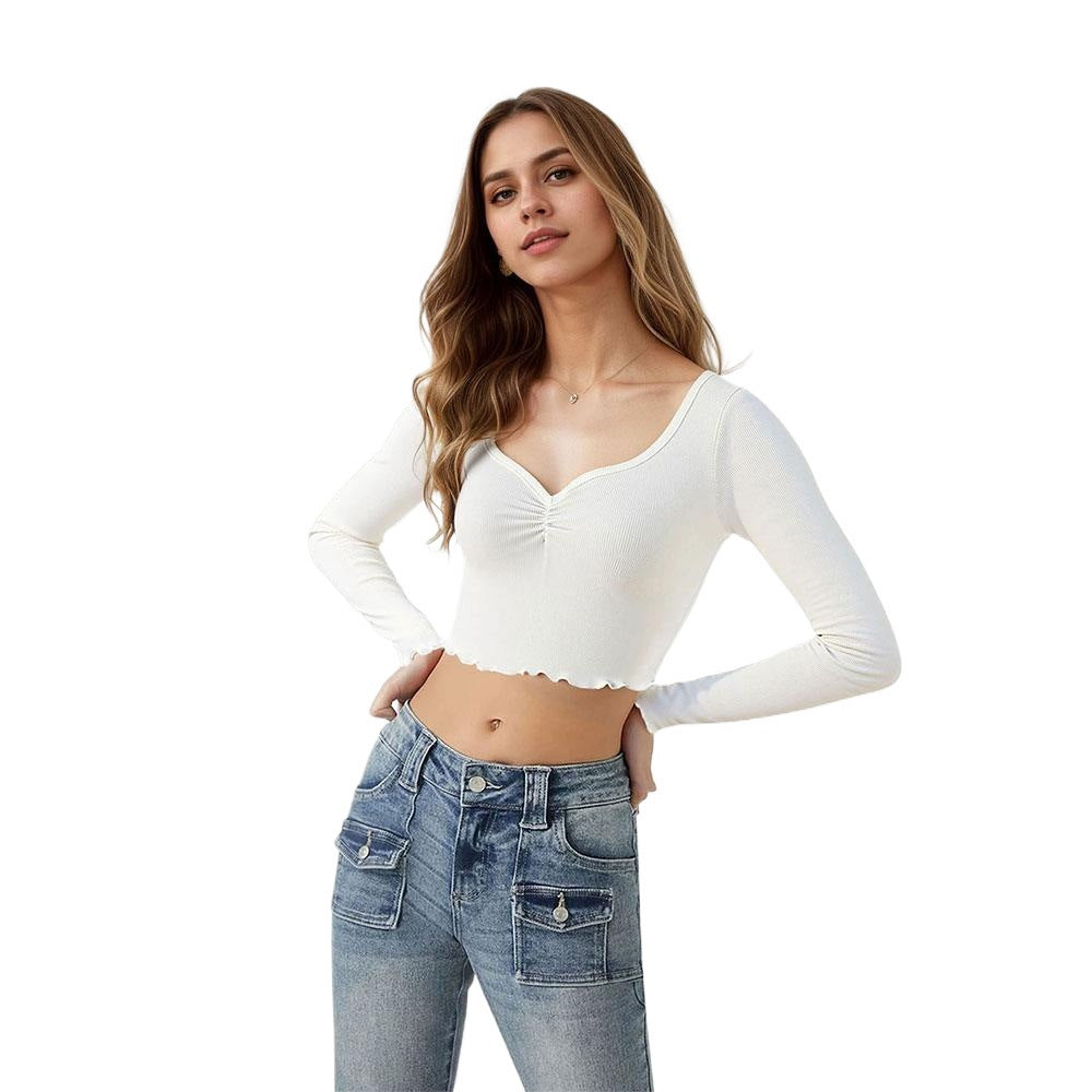 Damen cropped Langarmshirt mit verspieltem Rüschensaum Drune