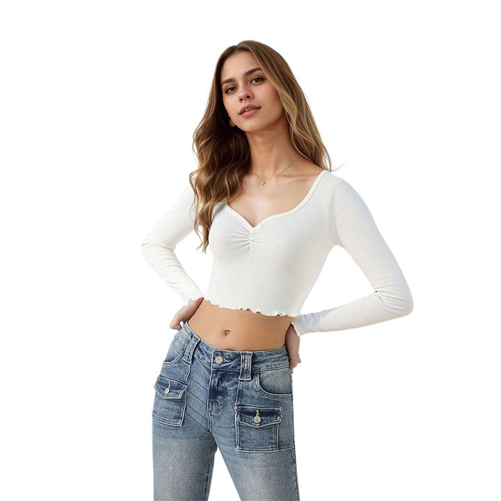 Damen cropped Langarmshirt mit verspieltem Rüschensaum Drune
