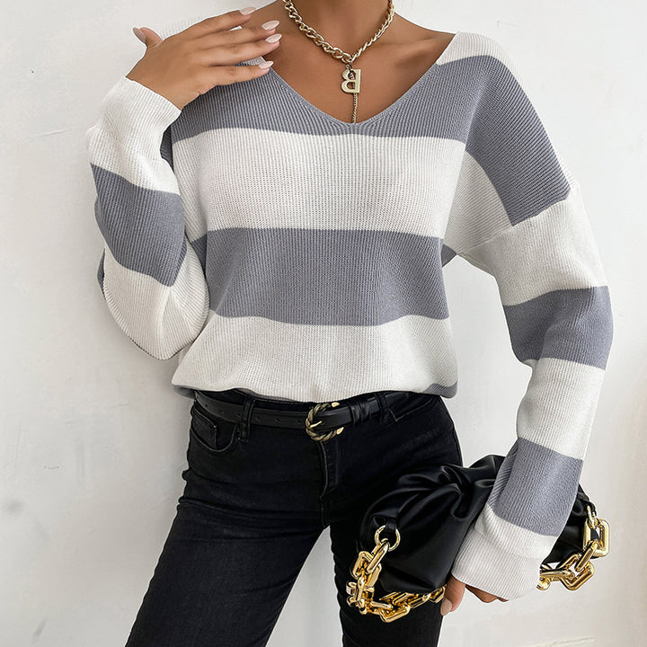 Damen Leichter Oversize‑Strickpullover mit V‑Ausschnitt und breitem Streifenmuster Drune