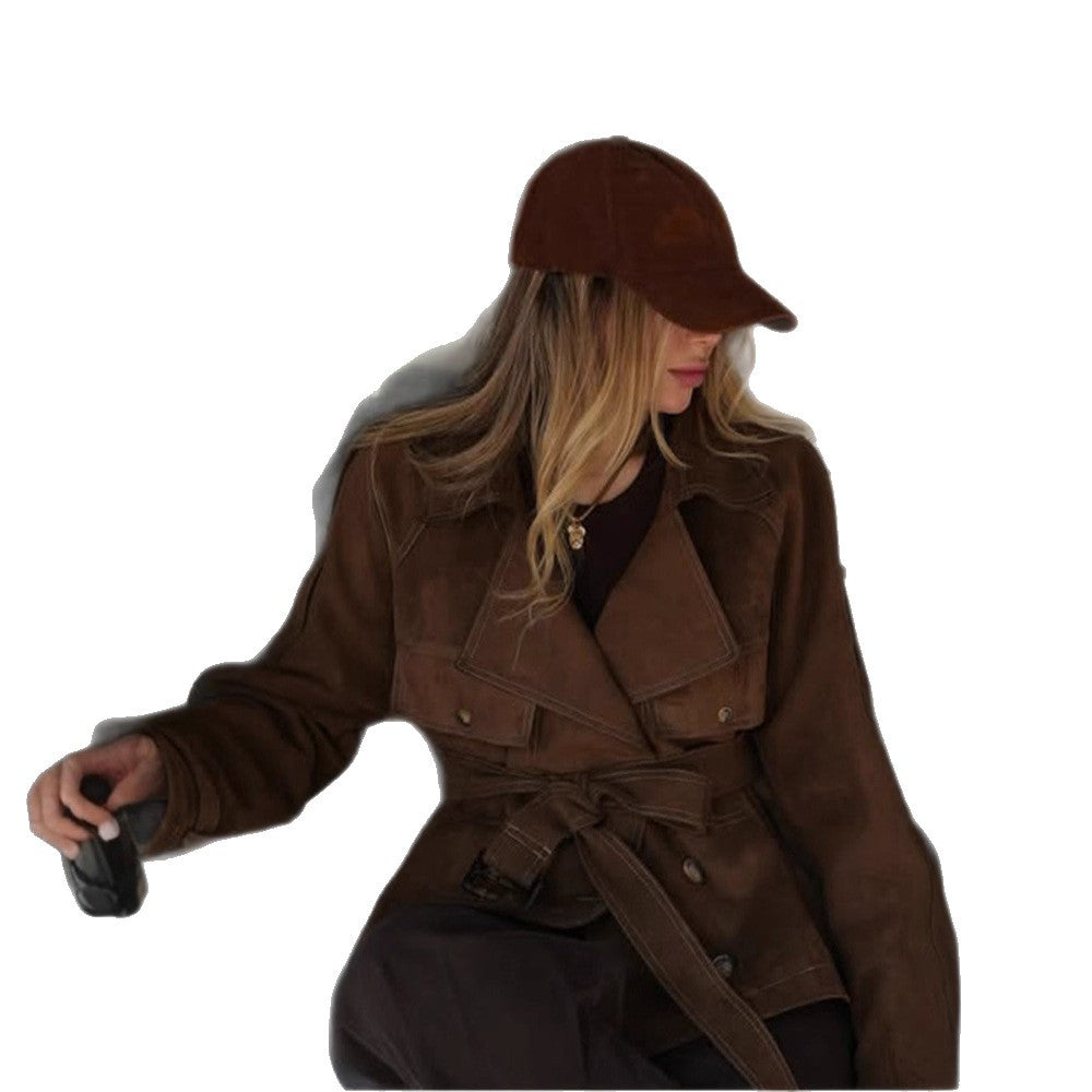 Damen Kurz geschnittener Veloursleder‑Trenchjacke mit Taillengürtel und verstellbaren Manschetten Drune