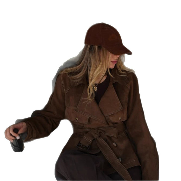 Damen Kurz geschnittener Veloursleder‑Trenchjacke mit Taillengürtel und verstellbaren Manschetten Drune