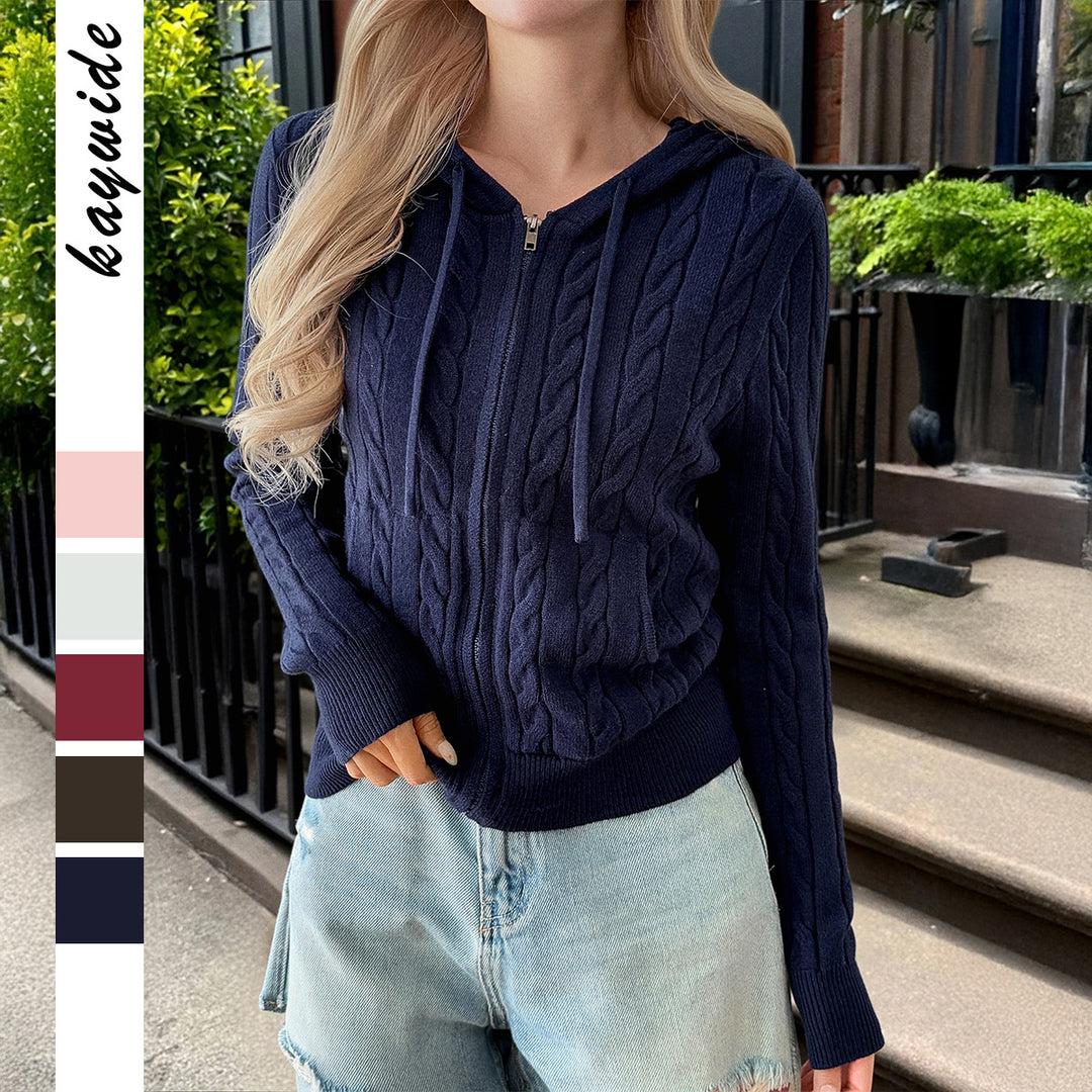 Damen nan Kapuzen-Strickjacke mit Reißverschluss, Zopfstrickstruktur und Kängurutasche Drune