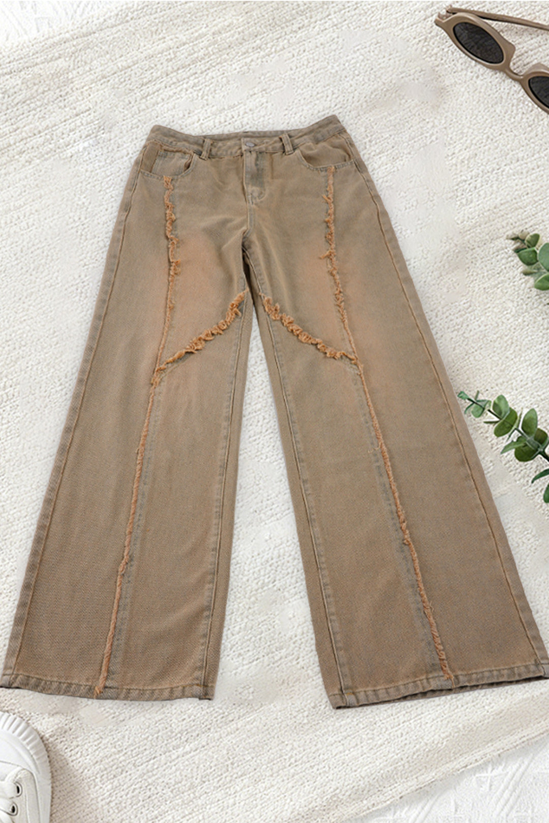 Damen lässige Wide-Leg-Jeans mit franselementen und hohem Bund Drune