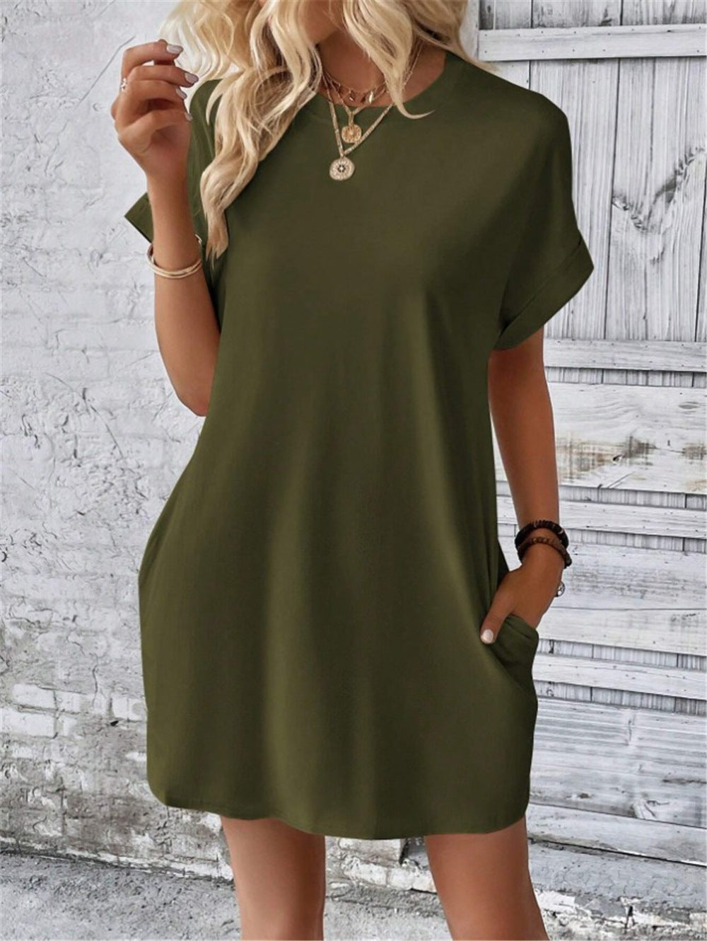 Damen lässiges T-Shirt-Kleid mit umschlagbaren Ärmeln und Taschen Drune