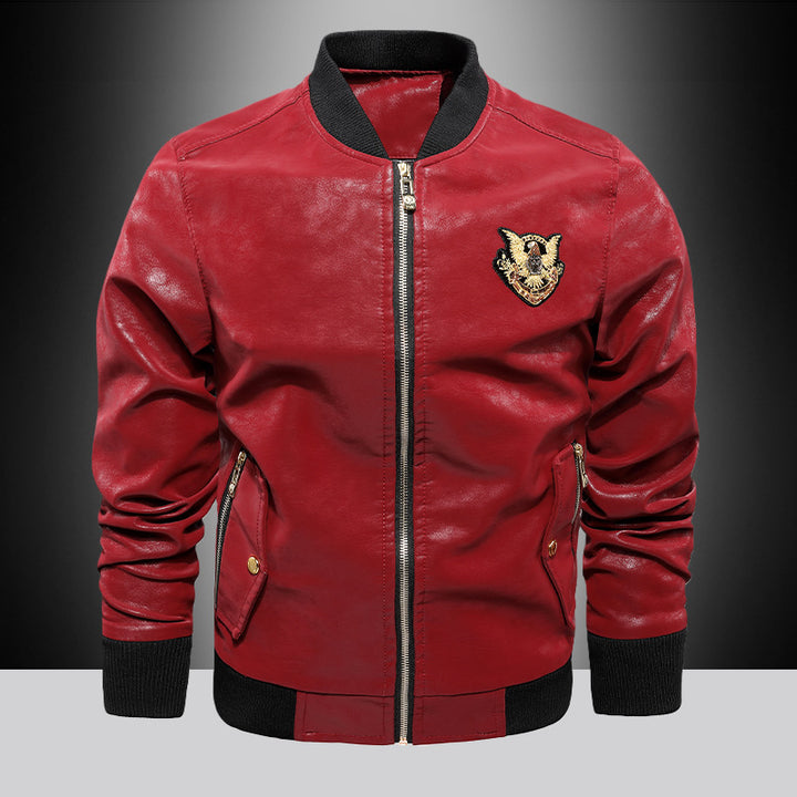 Herren Lederoptik Bomberjacke mit Stickbadge, Rippbündchen und Gold-Details Drune