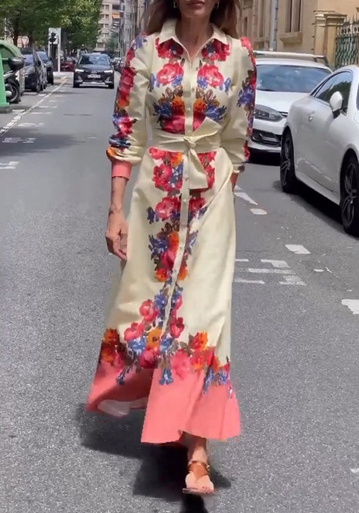 Damen nan langes Hemdblusenkleid mit floralem Print, Bindegürtel und Volantbesatz Drune