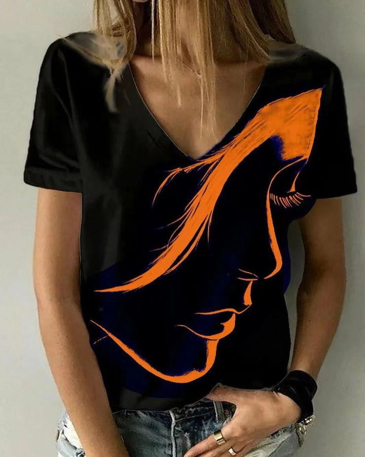 Damen V-Ausschnitt T-Shirt mit kreativem Grafikdruck Drune