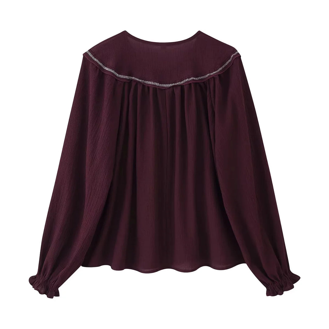 Damen nan bestickte Bluse mit übergroßem Kragen, Bindeschleife und geknöpfter Front Drune