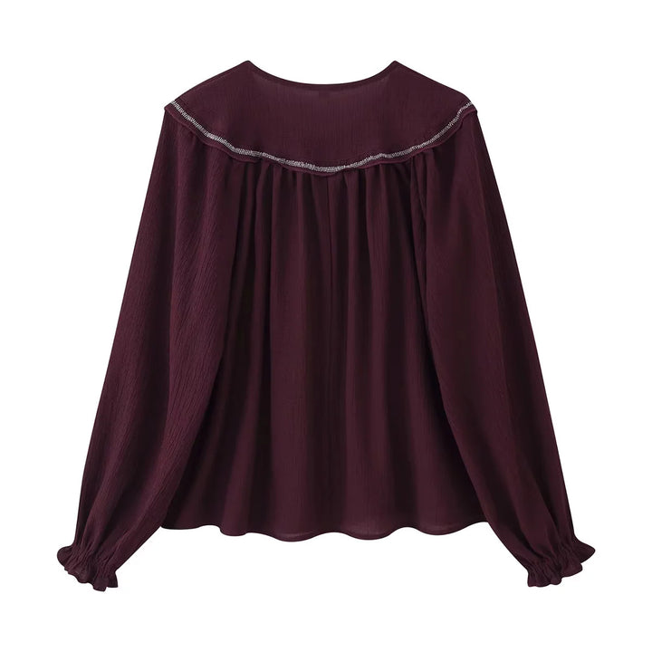 Damen nan bestickte Bluse mit übergroßem Kragen, Bindeschleife und geknöpfter Front Drune