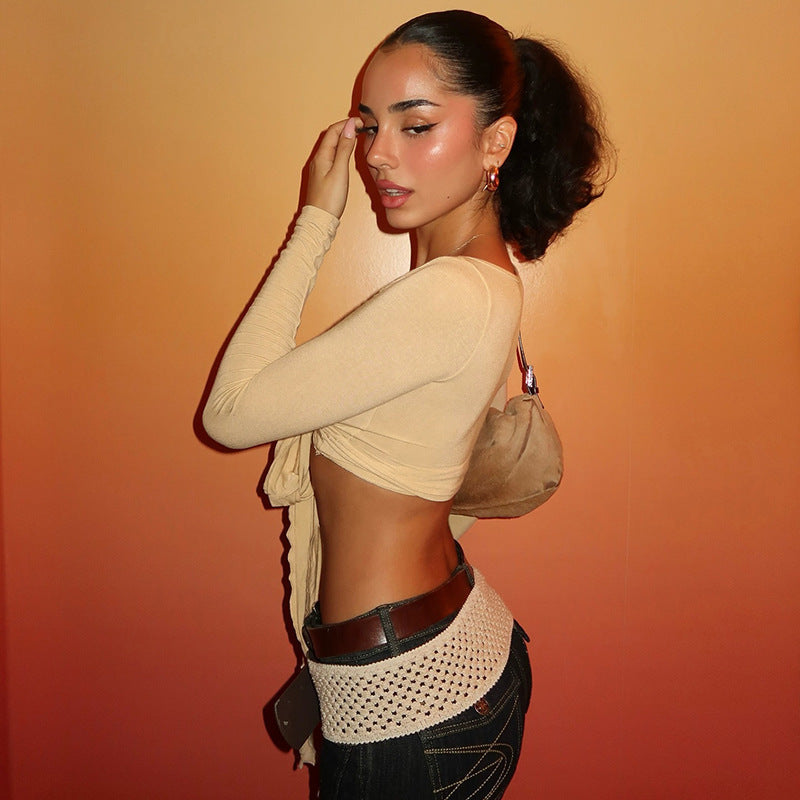 Damen Crop-Top mit verspieltem Bindeband und langen Ärmeln Drune
