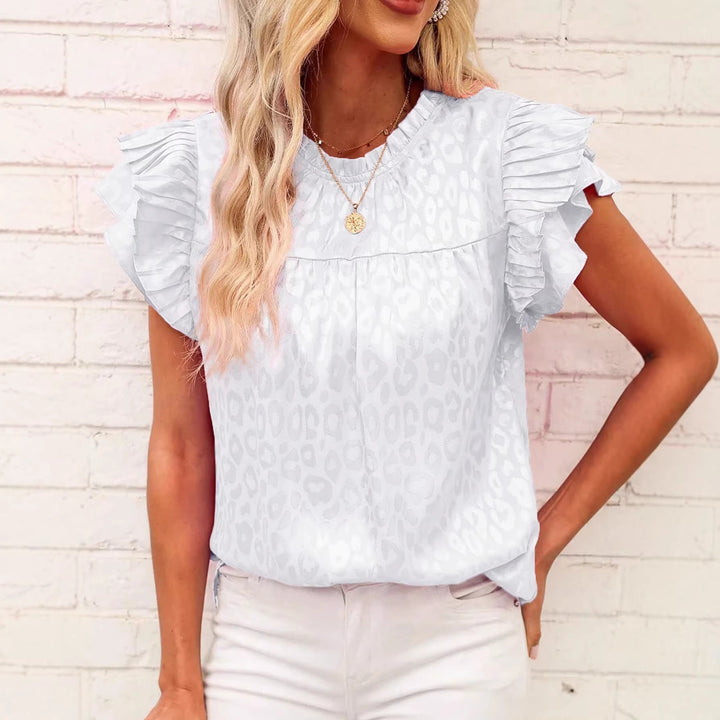 Damen Satinbluse mit Jacquard-Leoprint und gestuften Plissee-Volantärmeln Drune