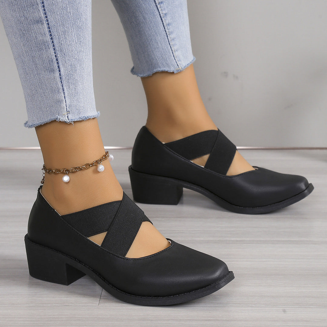Damen Slipper-Pumps mit kreuzenden Elastikriemen und Blockabsatz Drune