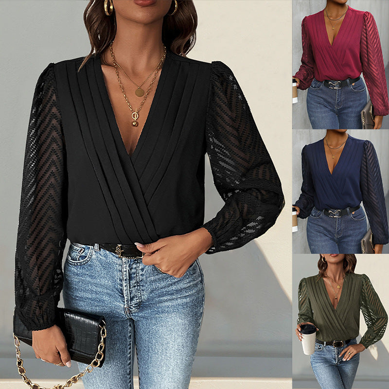 Damen Elegante Wickelbluse mit plissiertem V-Ausschnitt und transparenten Chevron-Ärmeln Drune