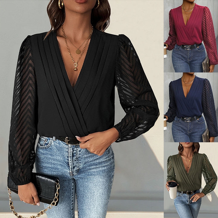 Damen Elegante Wickelbluse mit plissiertem V-Ausschnitt und transparenten Chevron-Ärmeln Drune