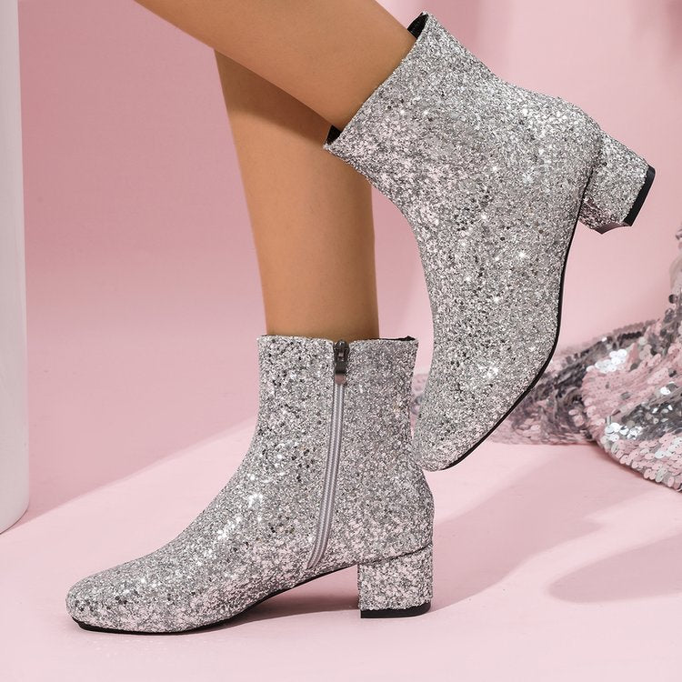 Damen glitzernde Stiefeletten mit kurzem Blockabsatz und seitlichem Reißverschluss Drune