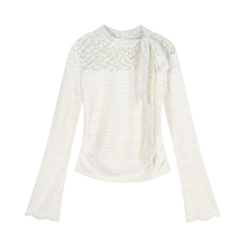 Damen elegantes Langarmoberteil mit Spitzen- und Schleifendetails Drune