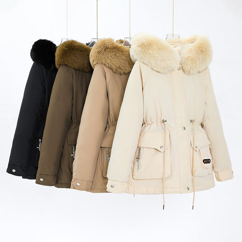 Damen nan kurzer Thermo-Parka mit voluminösem Schalkragen in Webpelzoptik und taillierendem Tunnelzug Drune