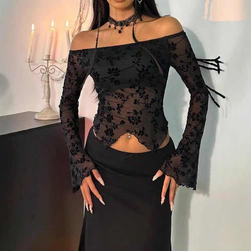 Damen nan transparentes Mesh-Top mit floraler Samt-Flock-Applikation, Carmen-Ausschnitt und kurzem Taillen-Saum Drune