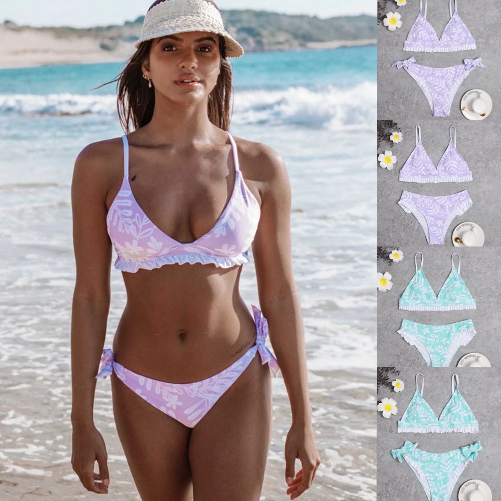 Damen Triangel-Bikini mit verspielten Rüschendetails und floralem Druck Drune