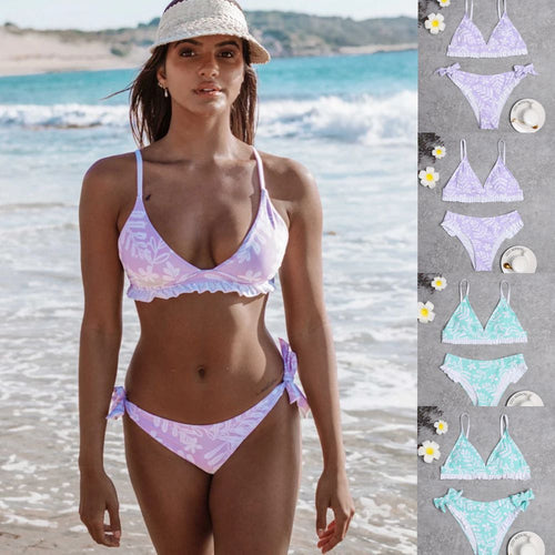 Damen Triangel-Bikini mit verspielten Rüschendetails und floralem Druck Drune