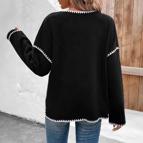 Damen modische Strickjacke mit dekorativem Kontrastbesatz und großen Taschen Drune