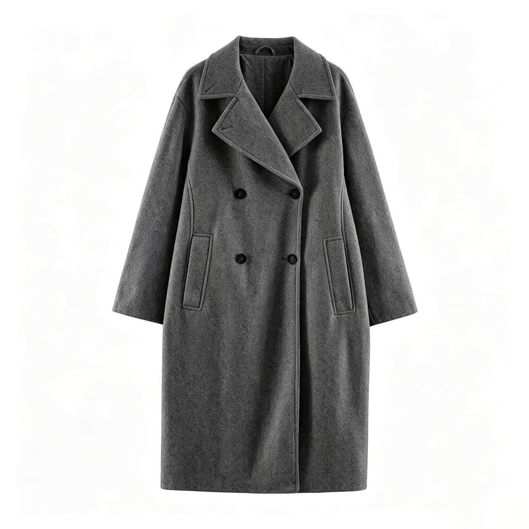 Damen Midilanger Wollmix-Doppelreihenmantel mit weitem Revers und Eingrifftaschen Drune