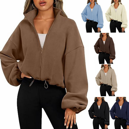 Damen trendy Oversize-Zip-Pullover mit hohem Kragen und Kordelzug Drune