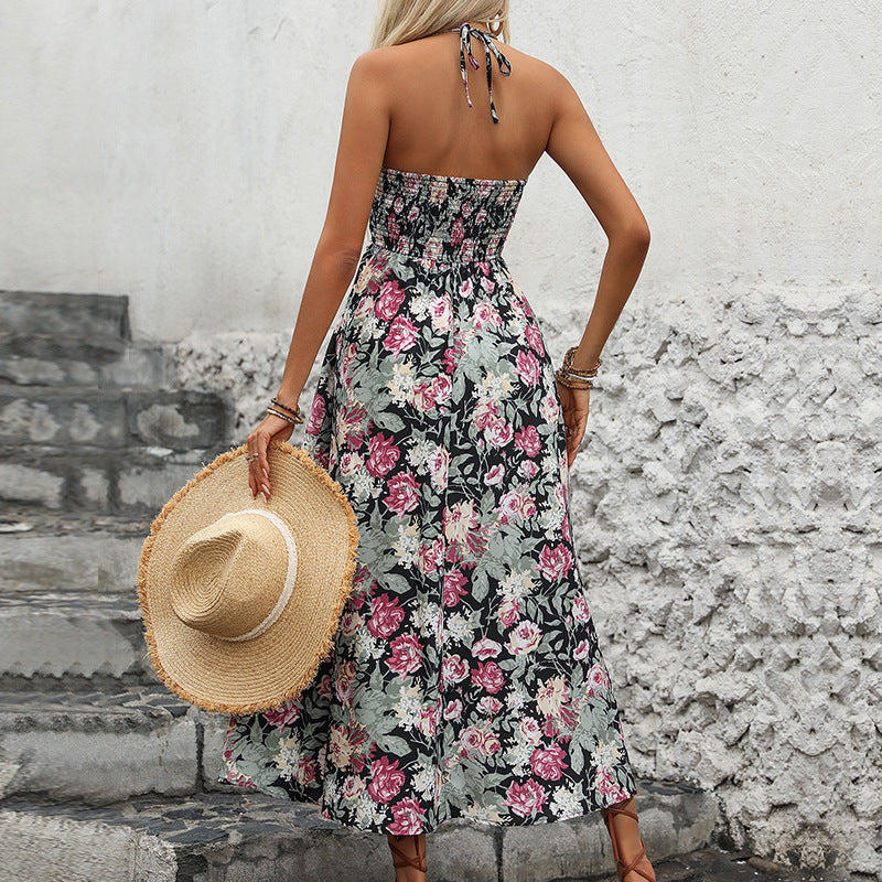 Damen Florales Maxikleid mit Wickel-V-Ausschnitt, Spaghettiträgern und tailliertem Smokbund Drune