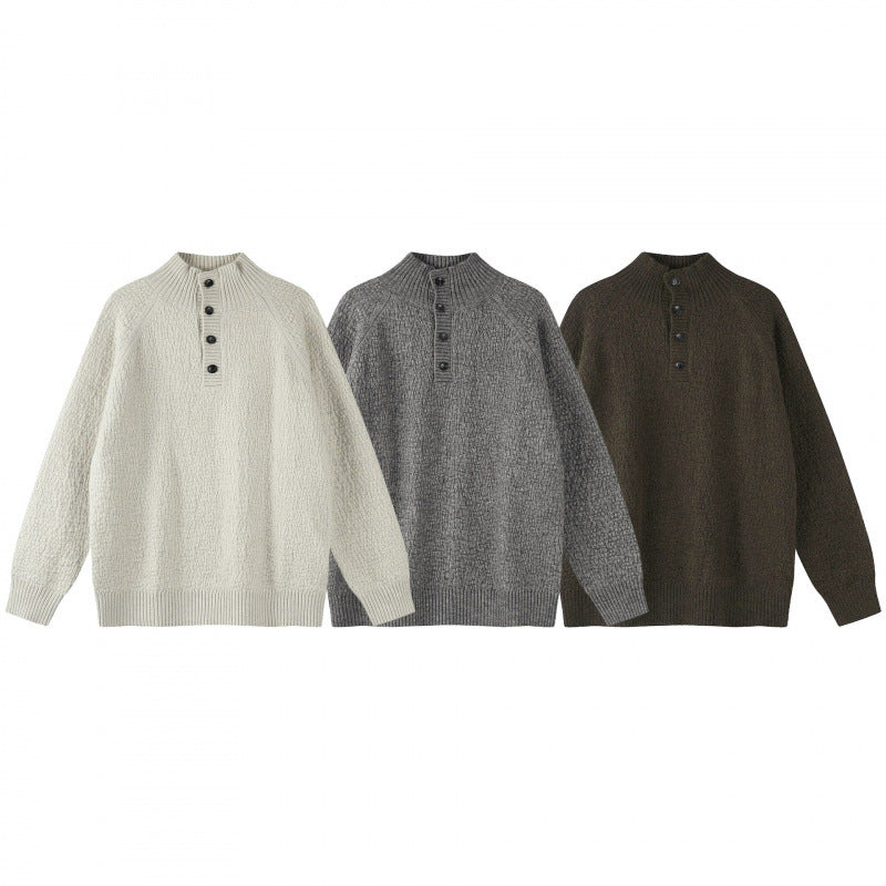 Unisex Strukturierter Halbzip-Strickpullover mit Henley-Knopfleiste und Raglanärmeln Drune