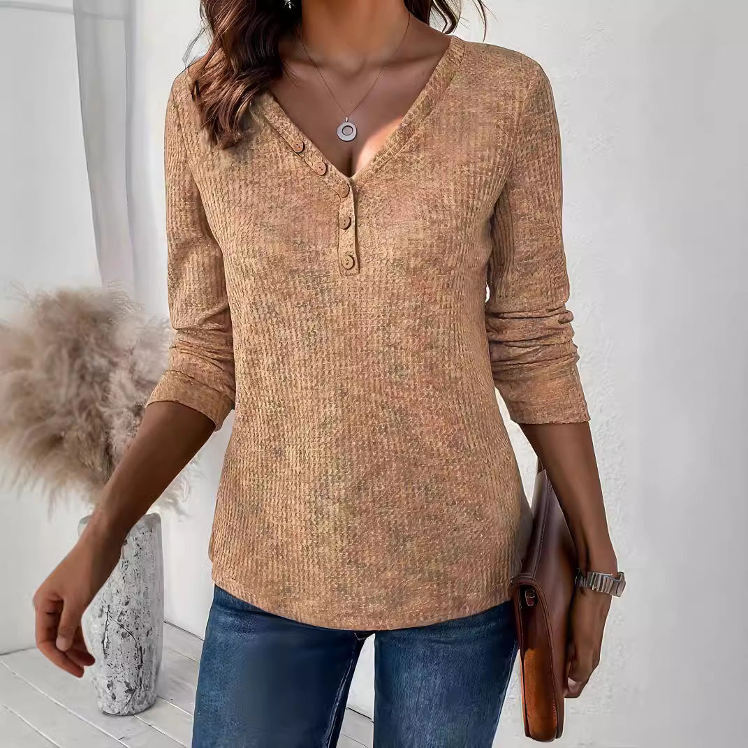 Damen Langarmshirt mit strukturiertem Halsausschnitt und Knopfdetails Drune