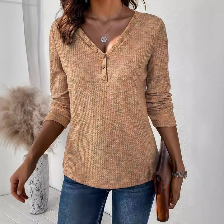 Damen Langarmshirt mit strukturiertem Halsausschnitt und Knopfdetails Drune