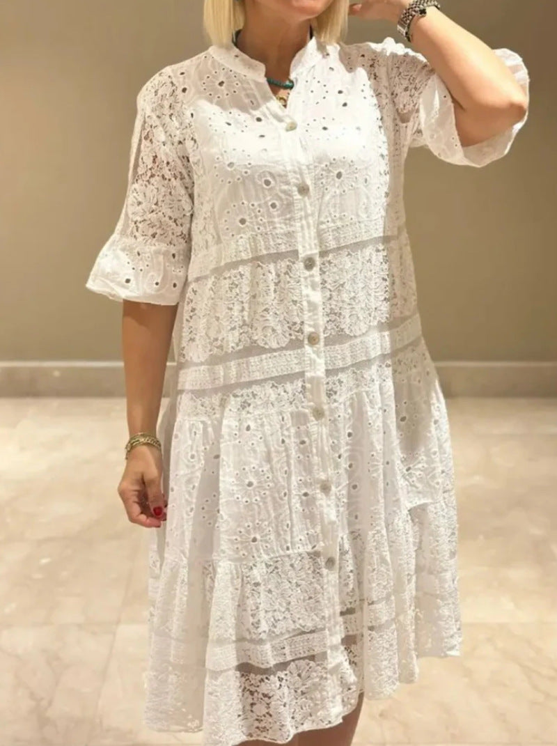 Damen nan Hemdblusen-Midikleid mit Spitzen-Einsätzen, Stufenrock und durchgehender Knopfleiste Drune