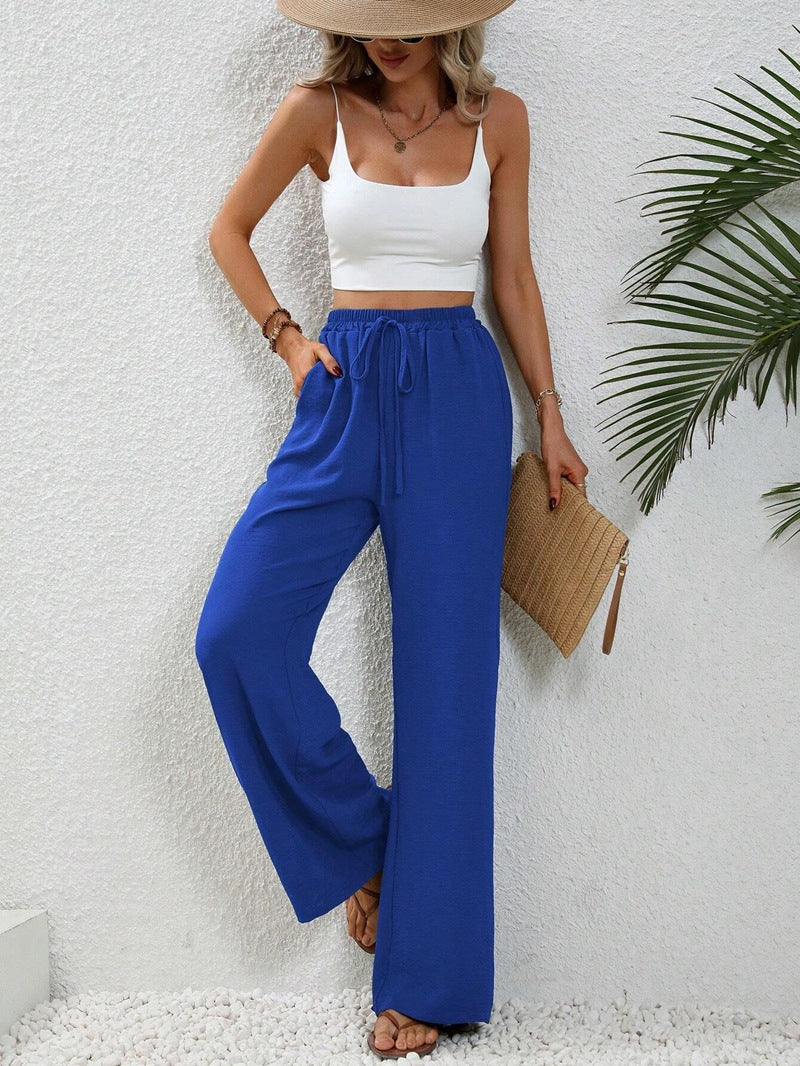Damen elegante weite Hose aus leichtem Baumwollgemisch mit Gummizug Drune