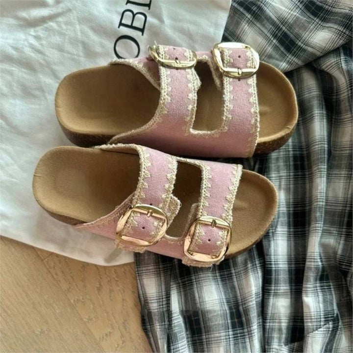 Damen Comfort-Sandalen mit zweifachen verstellbaren Riemen, gepolstertem anatomischem Fußbett und goldener Metallschnalle Drune