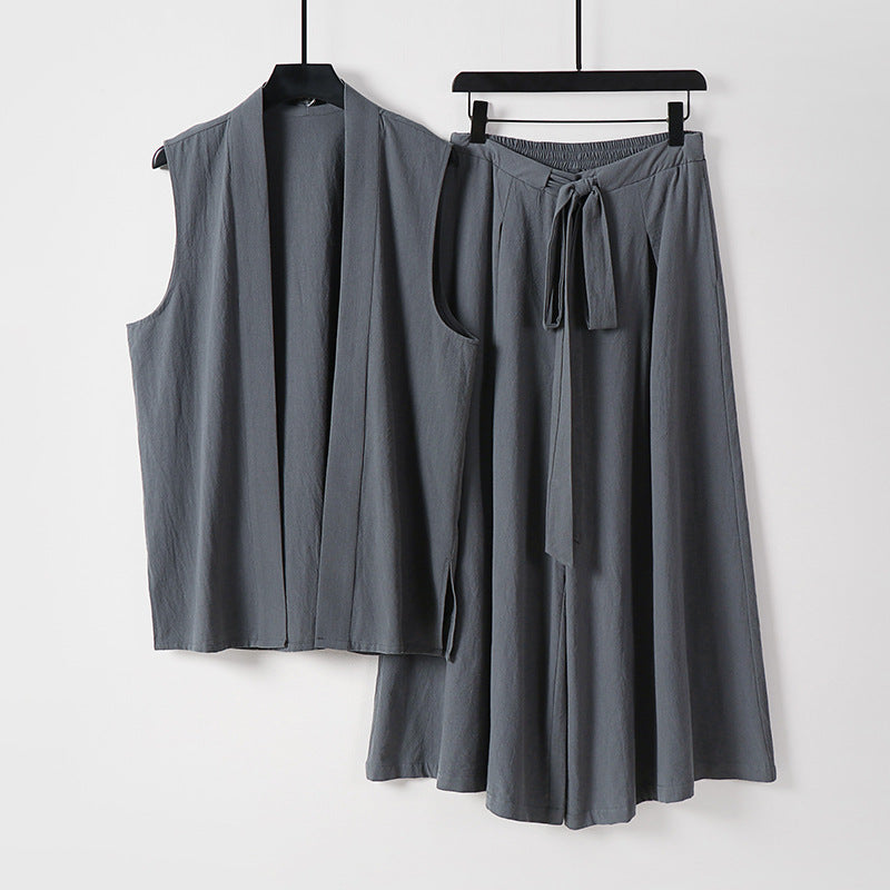 Damen Ärmellose Kimono-Weste und Hochtaillierte Culotte-Hose mit Bindegürtel Drune