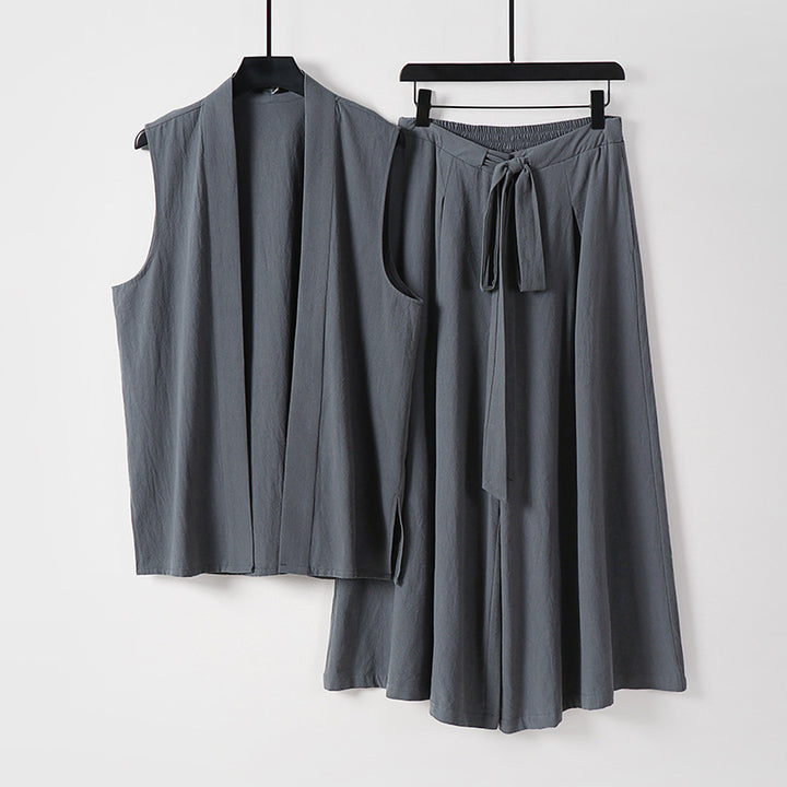 Damen Ärmellose Kimono-Weste und Hochtaillierte Culotte-Hose mit Bindegürtel Drune