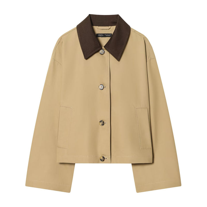 Damen Kurze Oversize-Harringtonjacke mit Kontrastkragen und aufgesetzten Taschen Drune