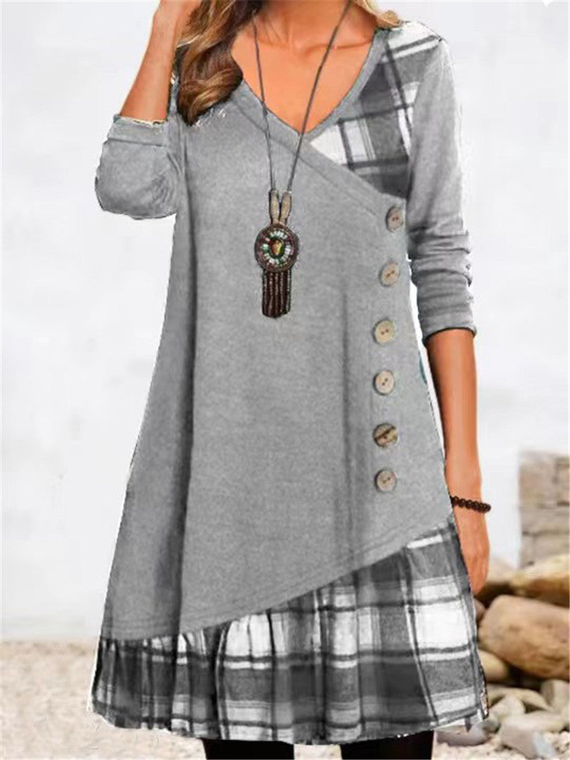 Damen asymmetrisches Freizeitkleid mit kariertem Saum und Knopfdetail Drune