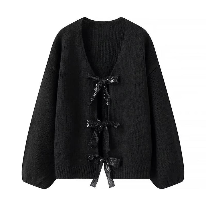 Damen luftige Strickjacke mit Schimmerndem Bindegürtel Drune