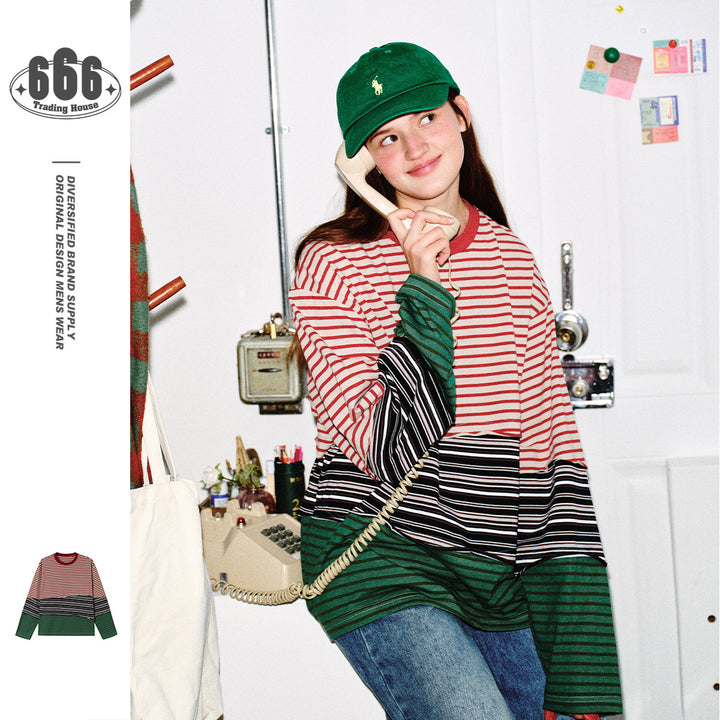 Unisex Lässiges Oversize Langarmshirt mit Blockstreifen aus Baumwollmix Drune