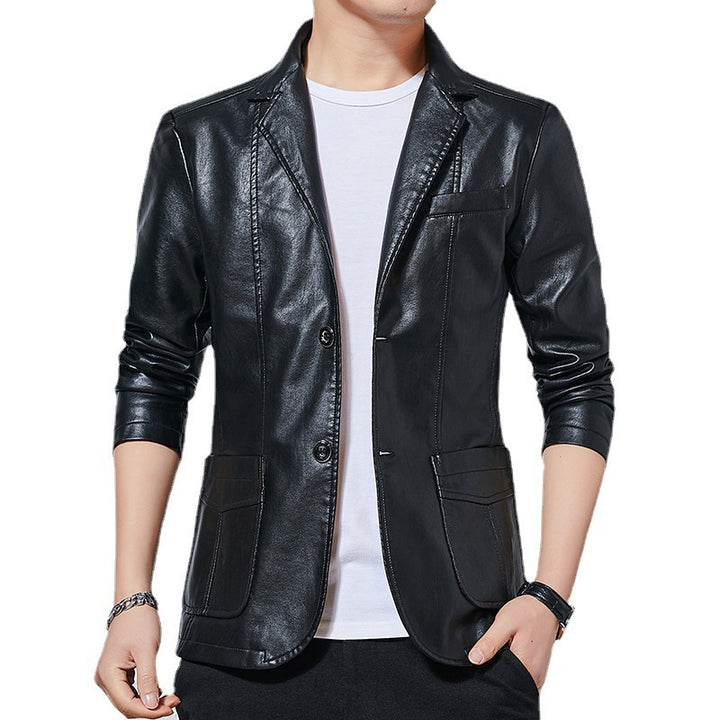 Herren Slim‑Fit Kunstleder‑Sakko mit Reverskragen und aufgesetzten Pattentaschen Drune